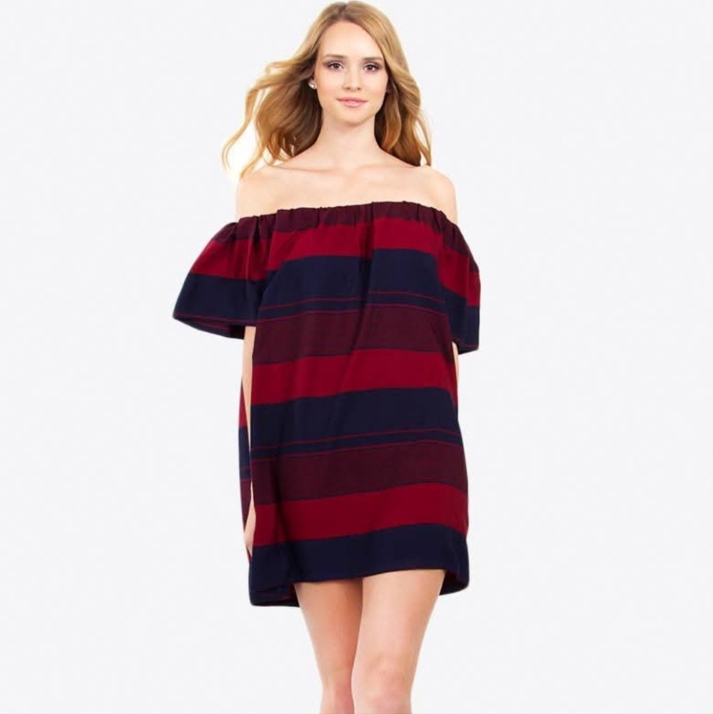NWT Sugar + Lips Maroon Navy Striped Off-Shoulder Lined Dress Size M